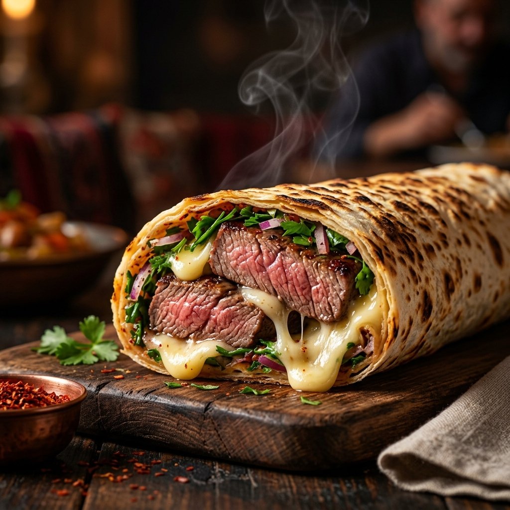 Kaşarlı Bonfile Dürüm – lokum gibi bonfile dilimleri ve erimiş kaşar peyniri