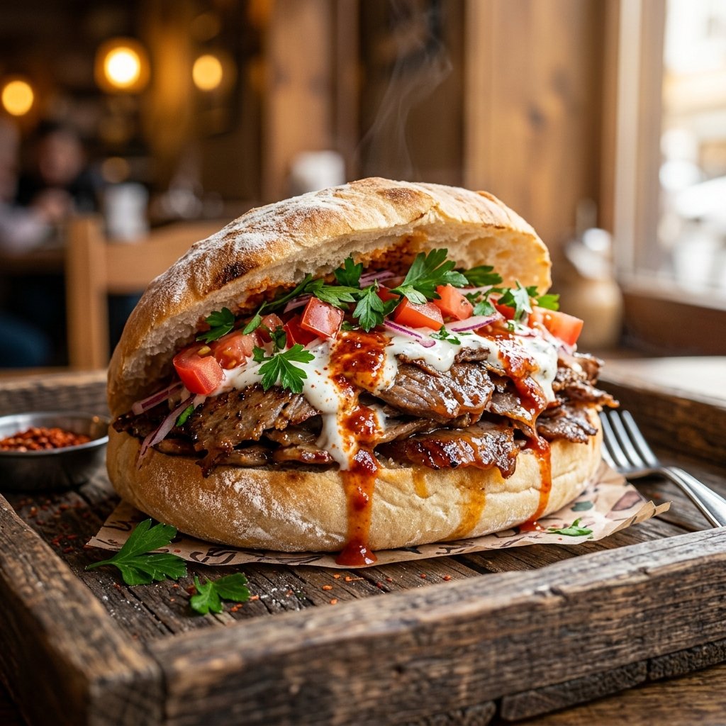 Ekmek Arası Döner – taze ekmekte sulu döner eti, domates ve soğan