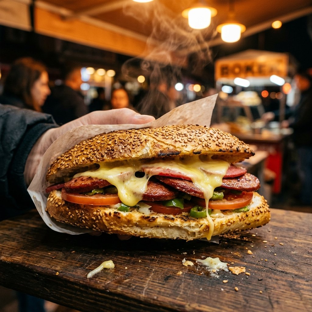 Çeşme Kumrusu – susamlı ekmekte sucuk, sosis, salam ve bol kaşar peyniri